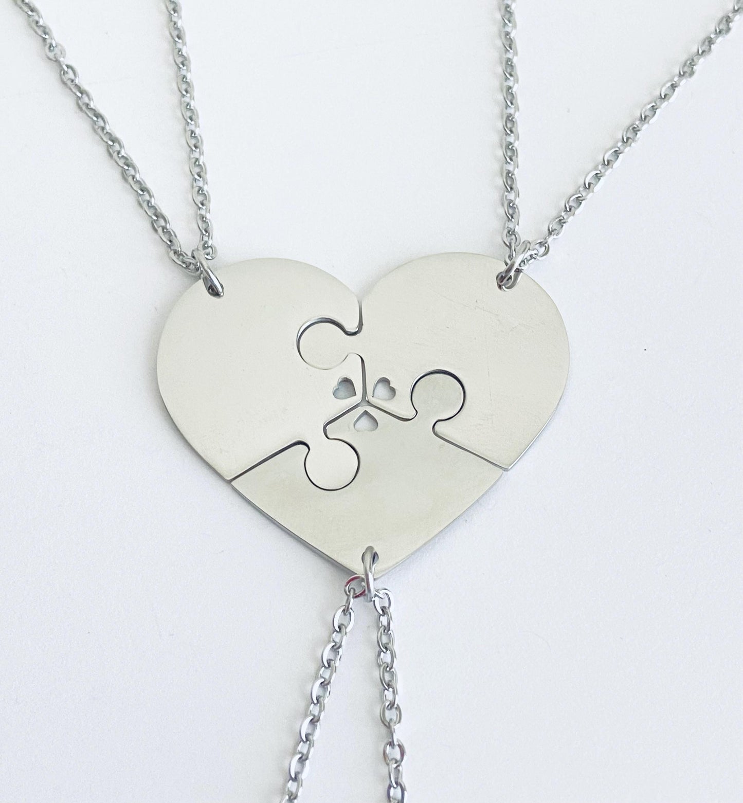 Personalized Stainless Steel 3-Piece Heart Puzzle Necklace Set with Tiny Heart Cutout •  Custom Engraved Matching Necklaces