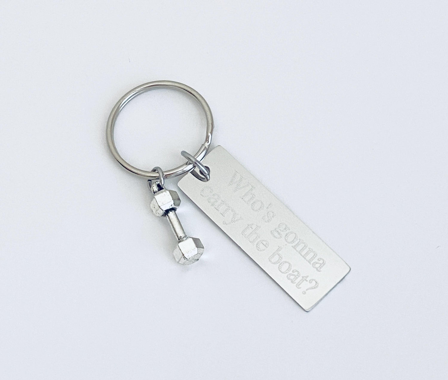 Personalized Key Chain with Small Dumbbell Charm • Custom Engraved Stainless Steel Fitness Keychain