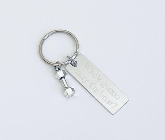 Personalized Key Chain with Small Dumbbell Charm • Custom Engraved Stainless Steel Fitness Keychain
