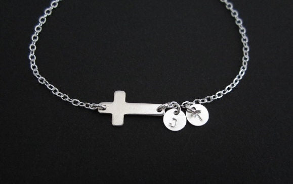 Sterling Silver Cross Bracelet with Two Tiny Initial Charms • Personalized 925 Silver Faith Bracelet