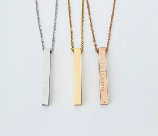 Personalized Long Square Bar Necklace • Stainless Steel, Gold or Rose Gold Custom Engraved Necklace