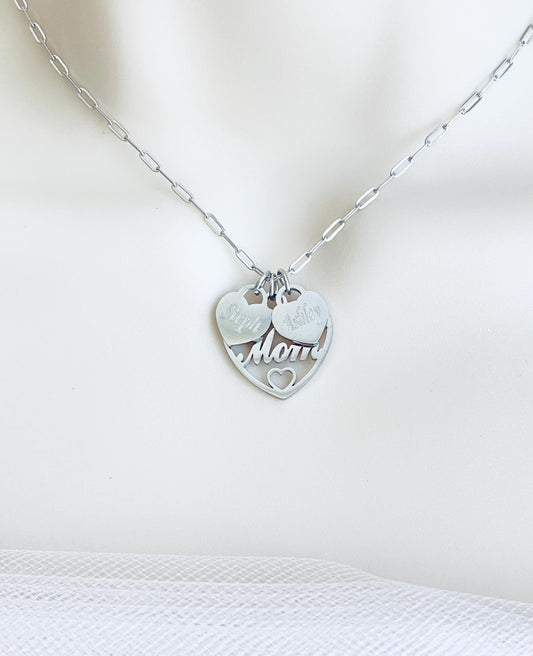 Mom Necklace with Personalized Heart Charms • Custom Family Necklace in Stainless Steel or Gold