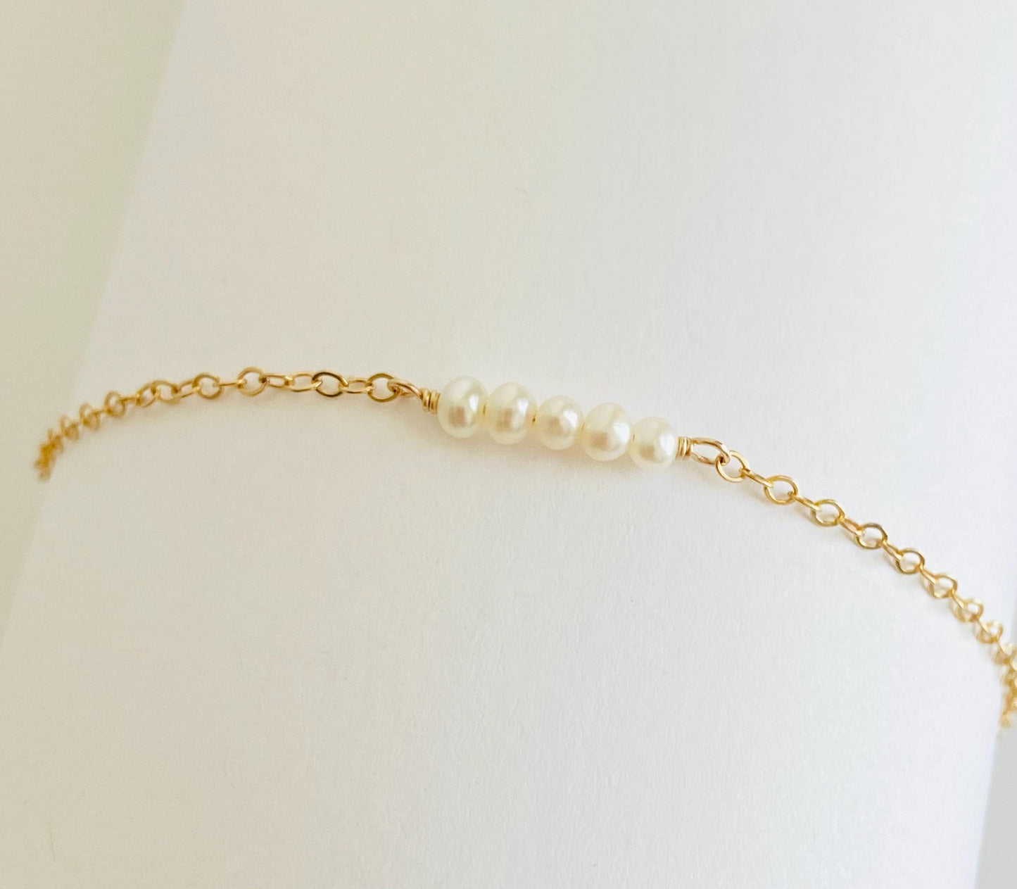 Tiny White Freshwater Pearl Bar Bracelet • Sterling Silver, Gold Filled or Rose Gold
