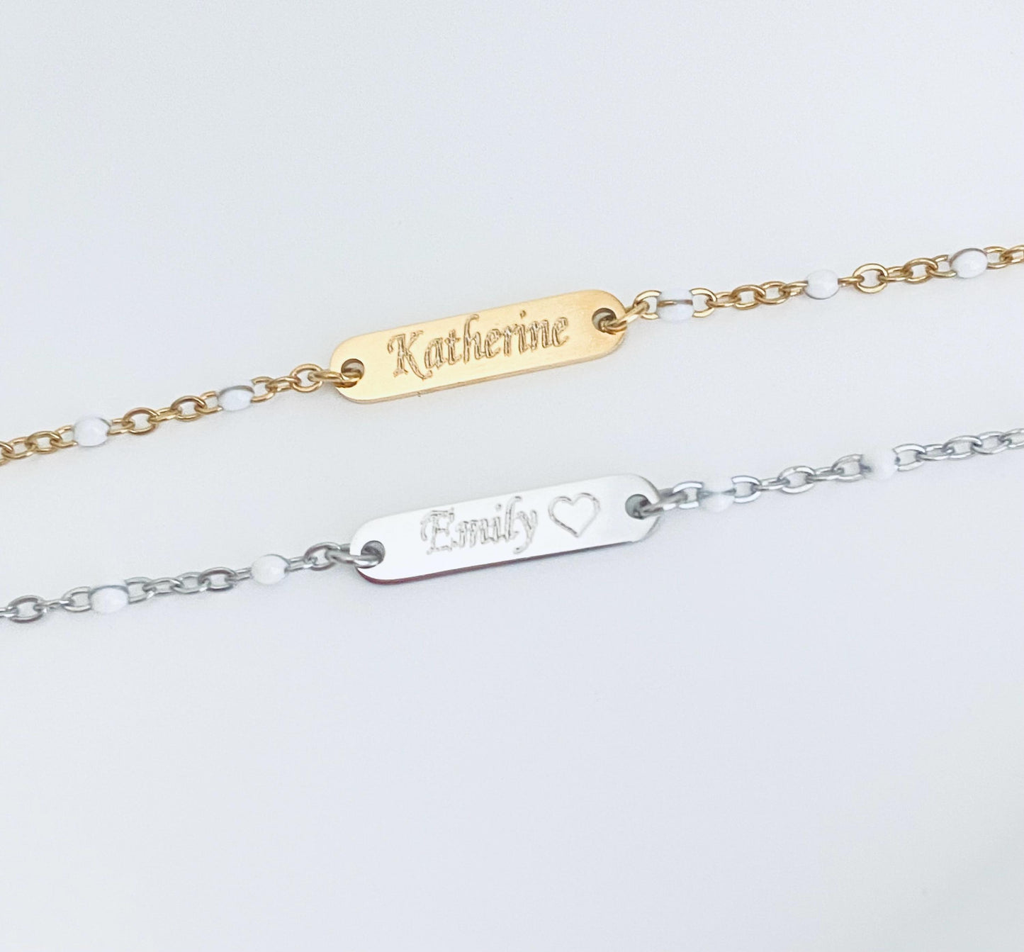 Personalized Stainless Steel Mini Bar Bracelet with White Enamel Beaded Chain • Custom Engraved Name Bracelet