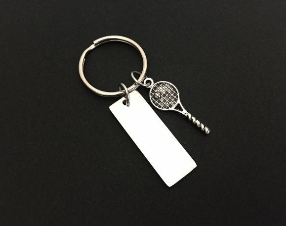 Personalized Stainless Steel Tag with Tennis Racket Charm Key Chain • Custom Engraved Sports Gift
