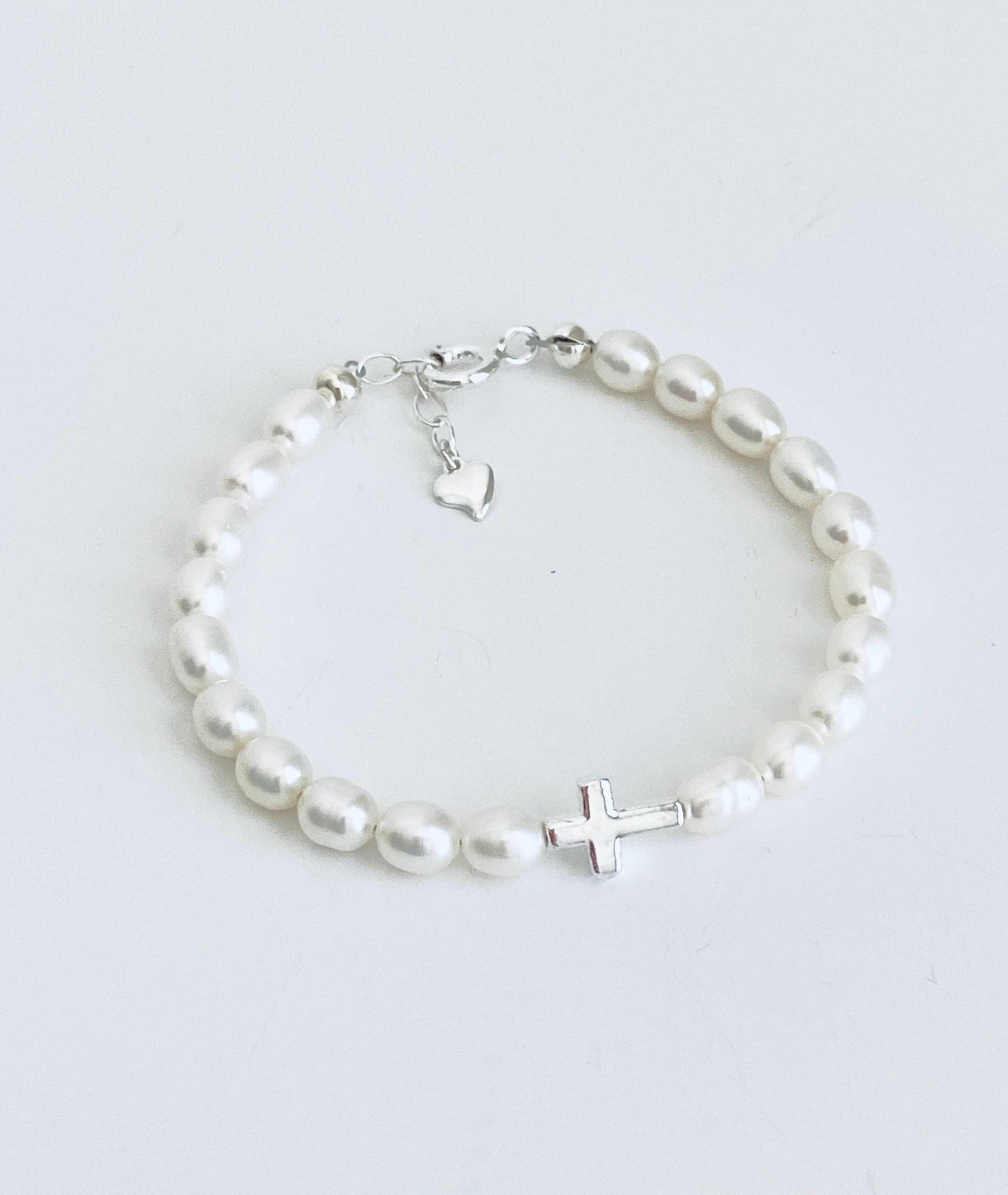 Adjustment Sterling Silver Cross Bracelet with White Freshwater Pearls • Christian Pearl Jewelry Gift