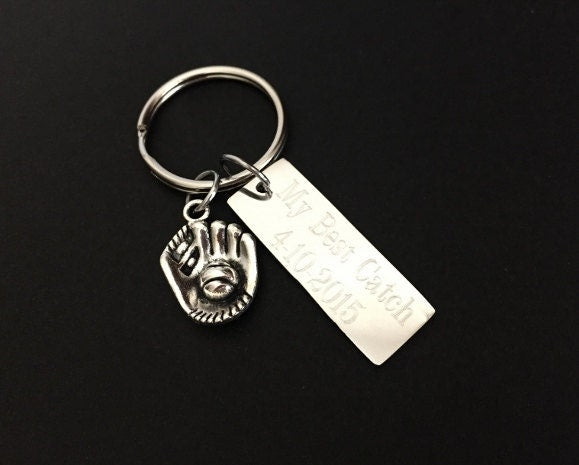 Personalized Key Chain with Baseball Mitten Charm • Custom Engraved Stainless Steel Keychain
