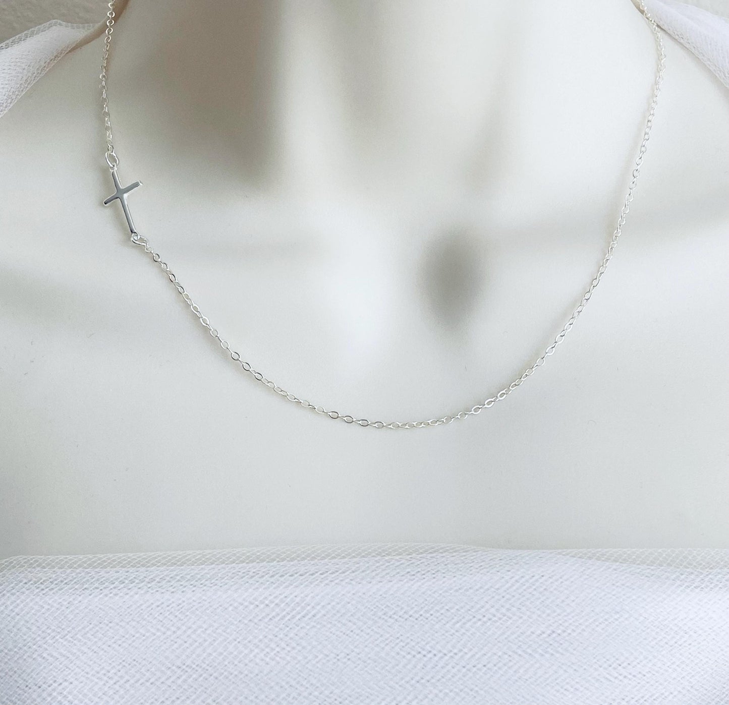 Sterling Silver Slim Sideways Cross Pendant Necklace • Minimalist Faith Necklace