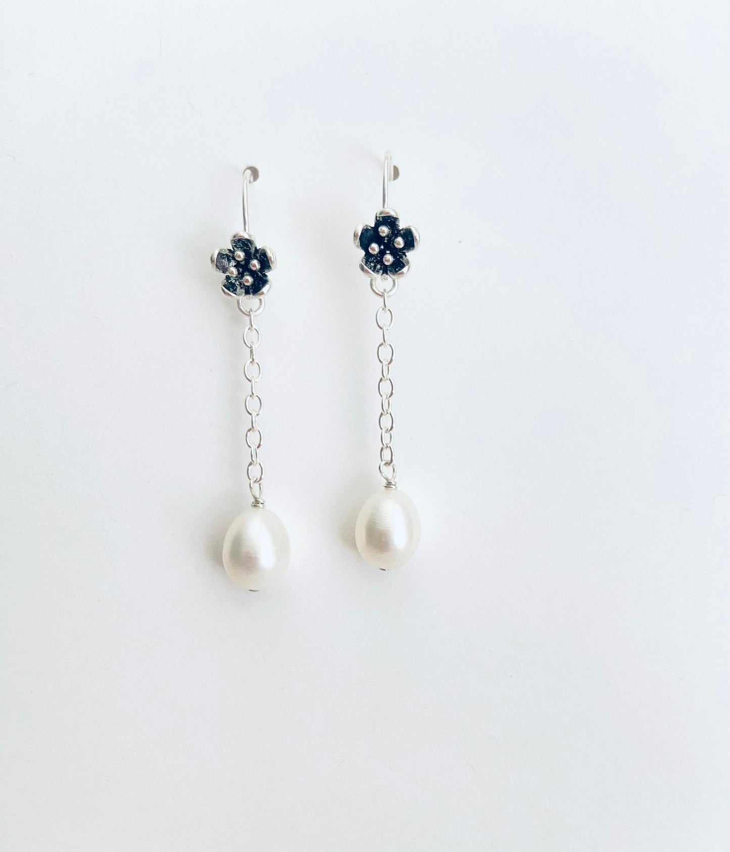 Sterling Silver Dangle Pearl Earrings with Vintage Flower Ear Hook