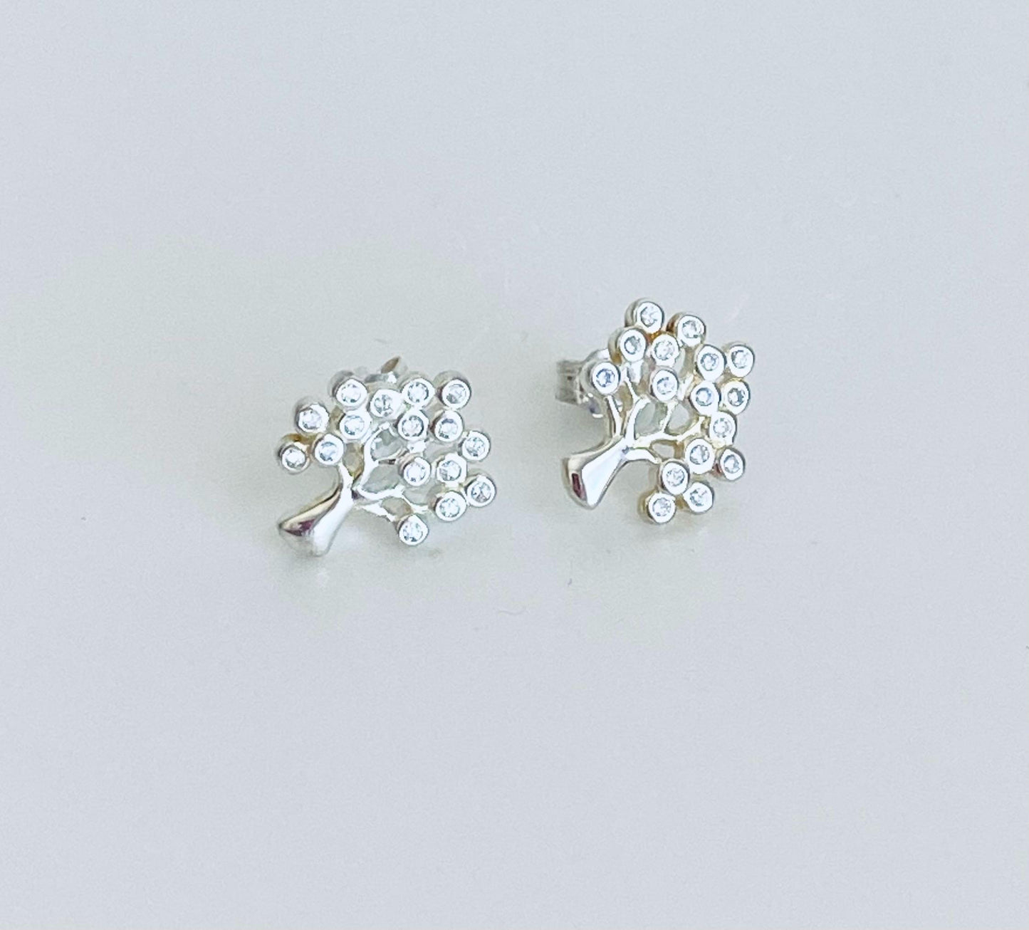 Sterling Silver Tree Stud Earrings with Tiny CZ  accent • 925 Silver Tree of Life Studs