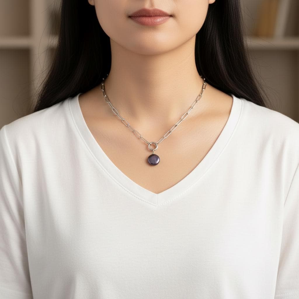 Large Paperclip Chain Necklace with White Freshwater Teardrop Pearl Pendant – Stainless Steel or Gold