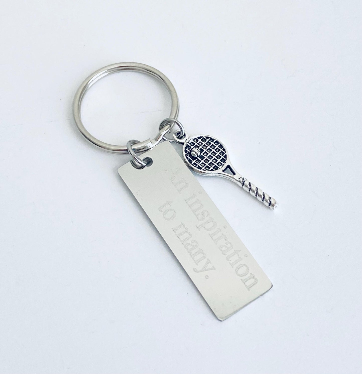 Personalized Stainless Steel Tag with Tennis Racket Charm Key Chain • Custom Engraved Sports Gift