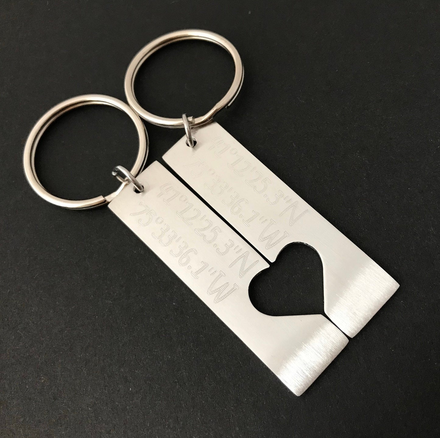 Personalized Stainless Steel Long Bar Key Chain Set with Heart Cutout • Custom Engraved Love Keepsake