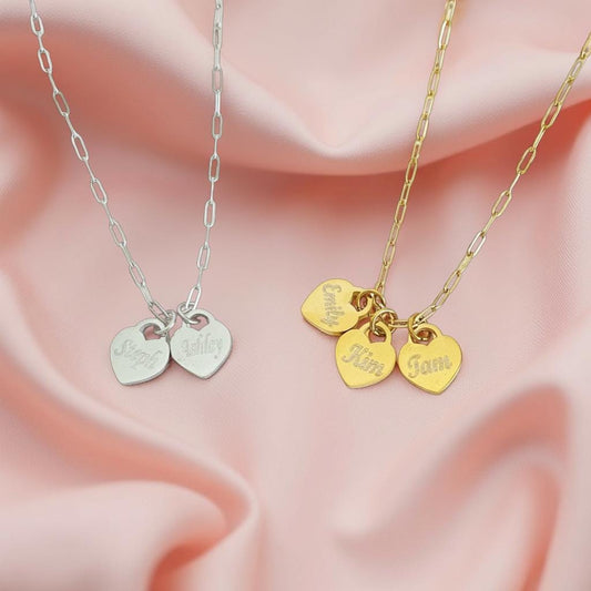 Personalized Heart Charm Necklace • Custom Engraved Necklace in Stainless Steel or Gold