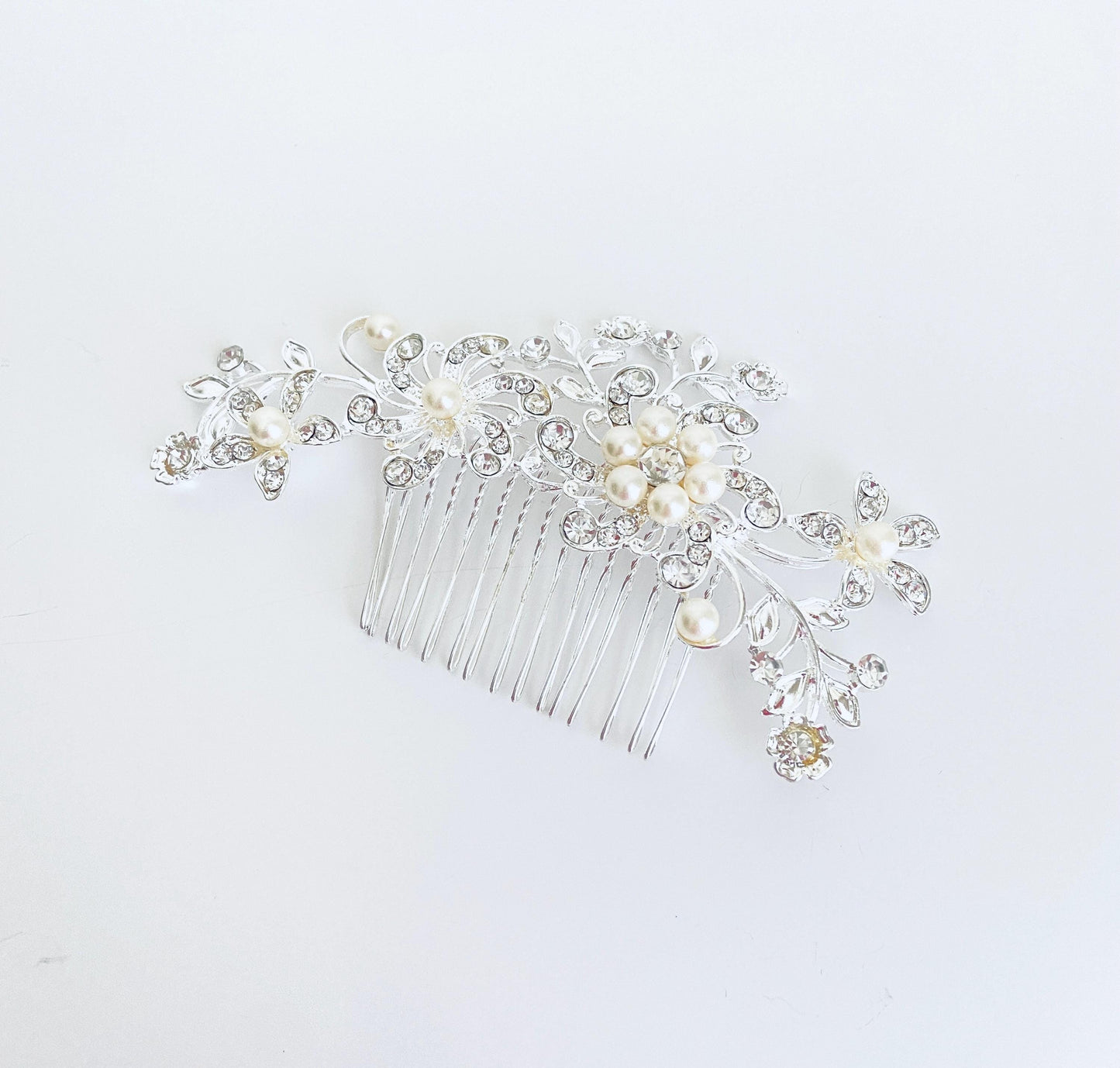 Rhinestone and Glass Pearl Floral Hair Comb • Bridal Wedding Hair Accessory for Bride & Bridesmaids