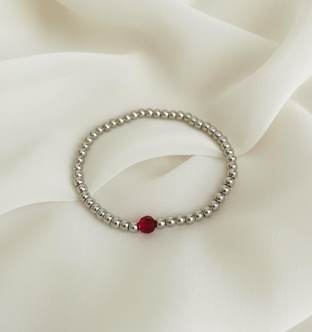 Stainless Steel Beaded Stretch Bracelet with Swarovski Crystal Birthstones