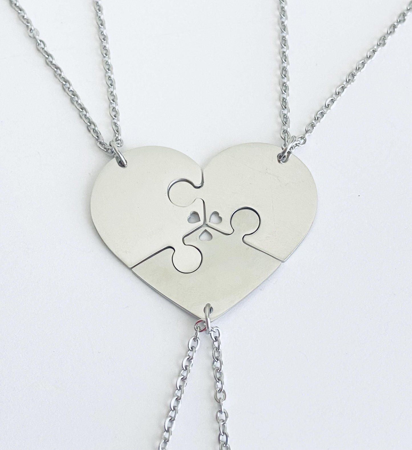 Personalized Stainless Steel 3-Piece Heart Puzzle Necklace Set with Tiny Heart Cutout •  Custom Engraved Matching Necklaces
