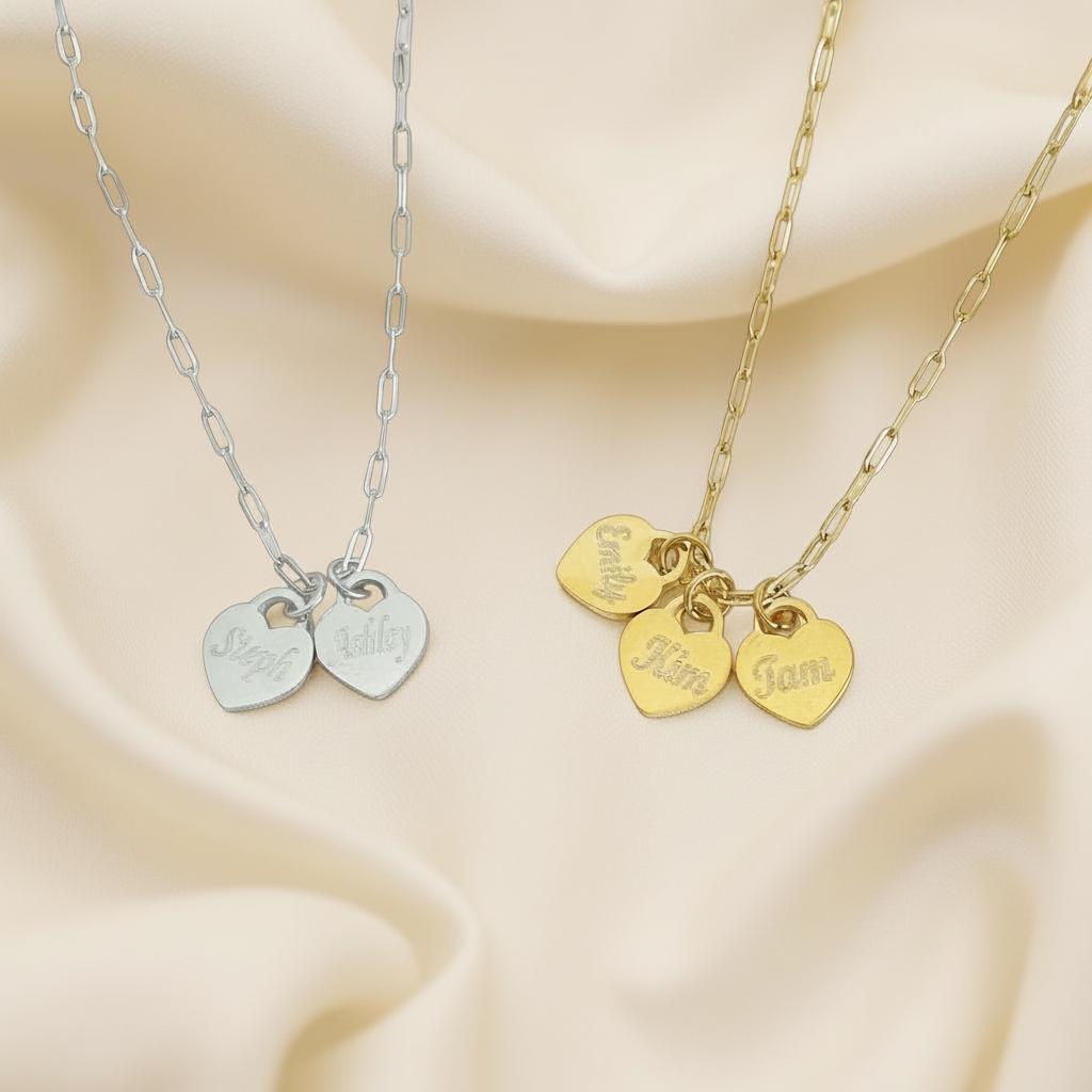 Personalized Heart Charm Necklace • Custom Engraved Necklace in Stainless Steel or Gold