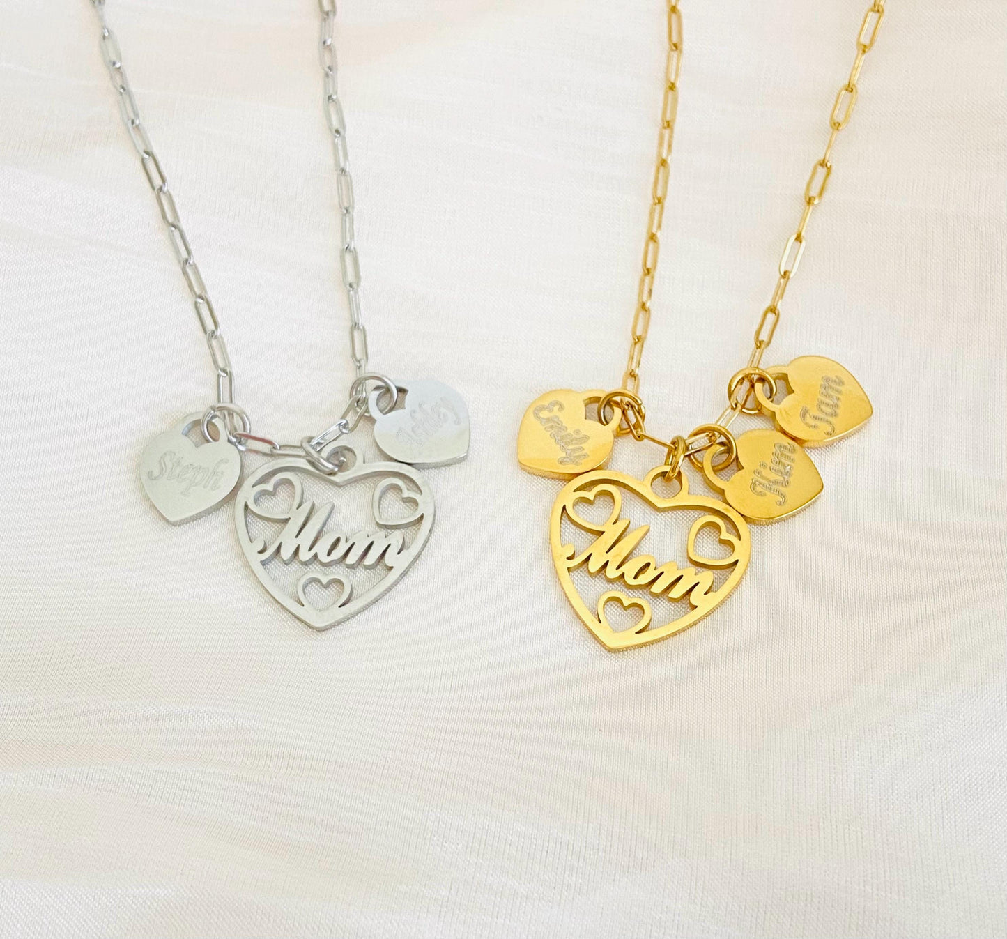 Mom Necklace with Personalized Heart Charms • Custom Family Necklace in Stainless Steel or Gold