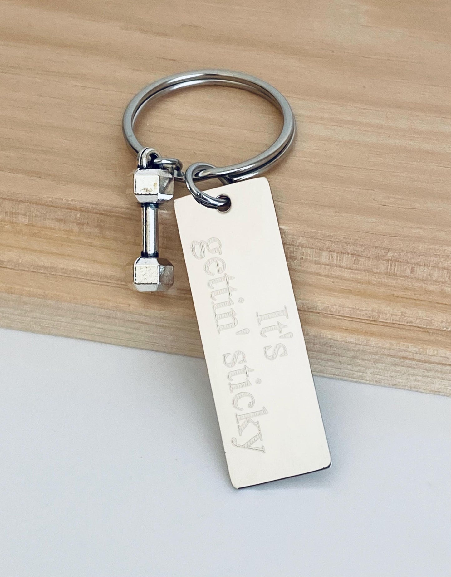 Personalized Key Chain with Small Dumbbell Charm • Custom Engraved Stainless Steel Fitness Keychain