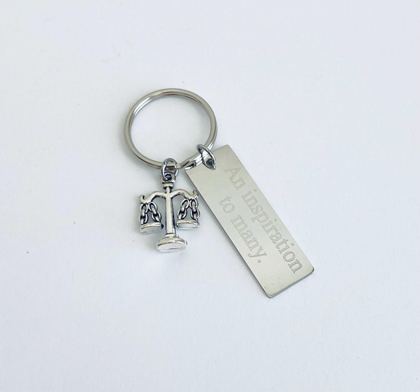 Personalized Stainless Steel Tag with Scale Charm • Custom Engraved Justice Keychain