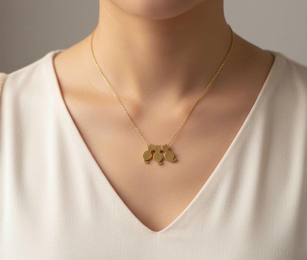 Personalized Gold Cat Necklace • Gold Initial Cat Family Pendant • Minimal Cat Lover Jewelry • Custom Pet Mom Gift • Cat Charm Necklace