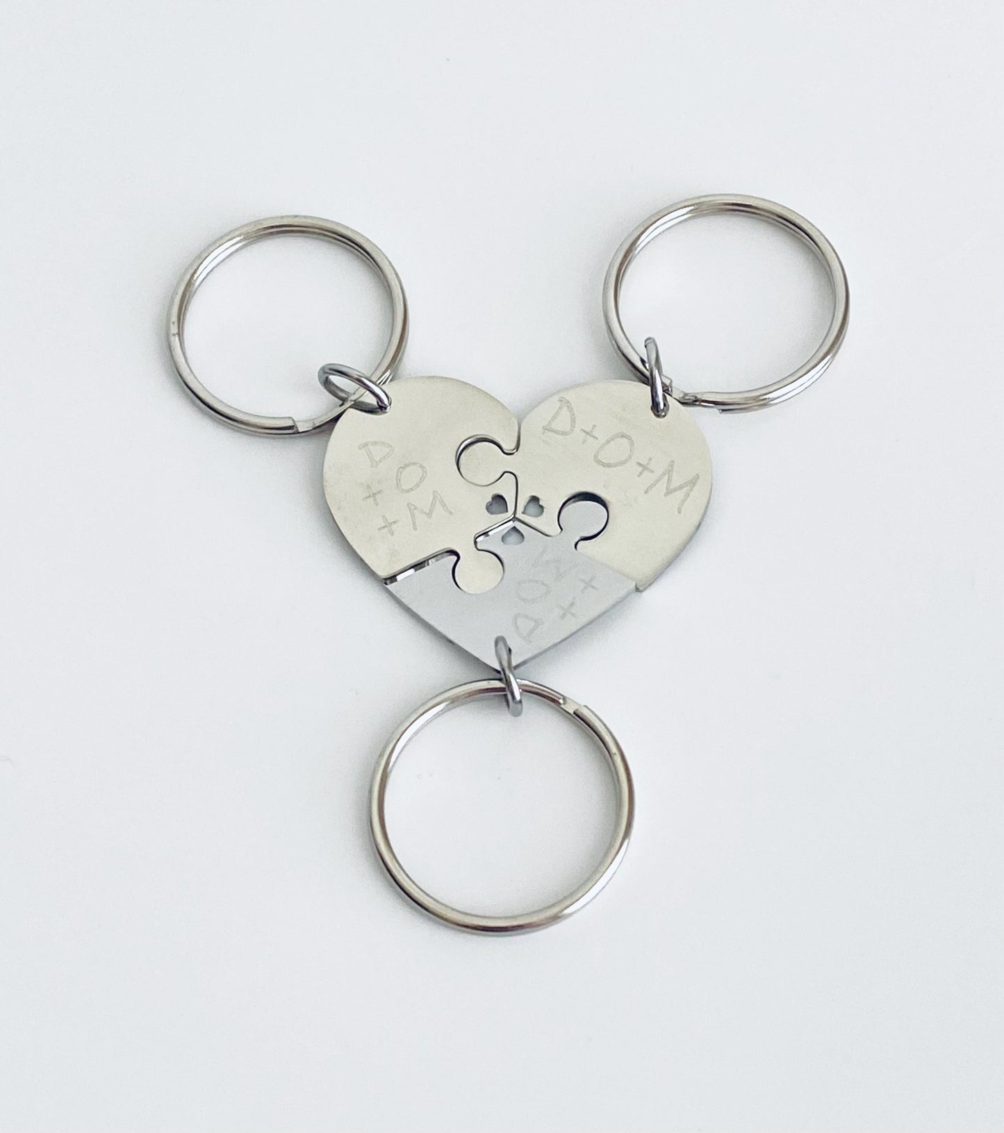 Personalized 3-Piece Heart Puzzle Keychain Set • Custom Engraved Matching Key Chains for Family & Friends