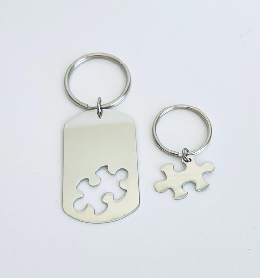 Personalized Stainless Steel Puzzle Key Chain Set • Interlocking Puzzle Piece Dog Tag Key Chains