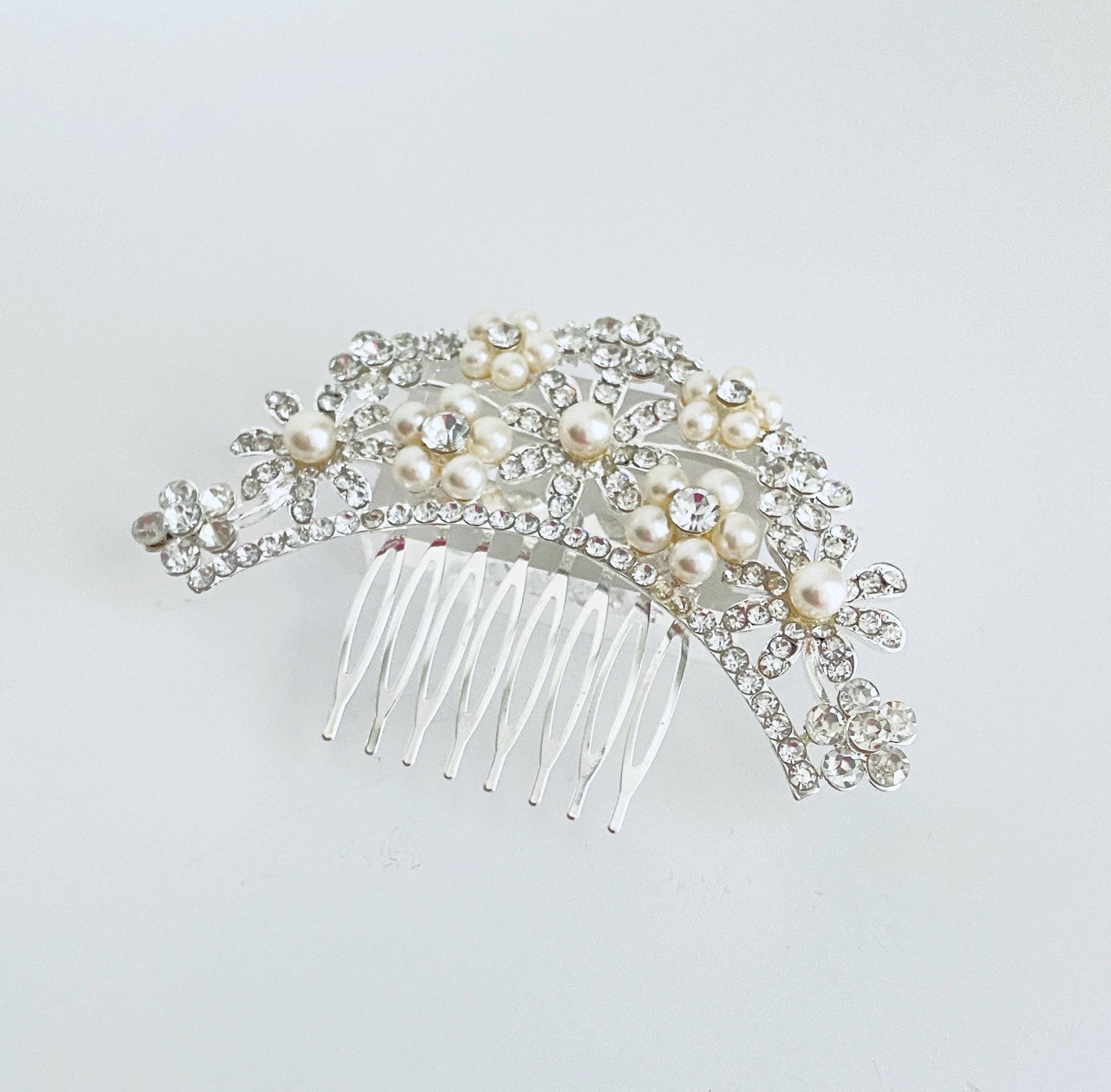 Rhinestone and White Glass Pearl Hair Comb • Elegant Wedding Hair Comb for Bridal Veil