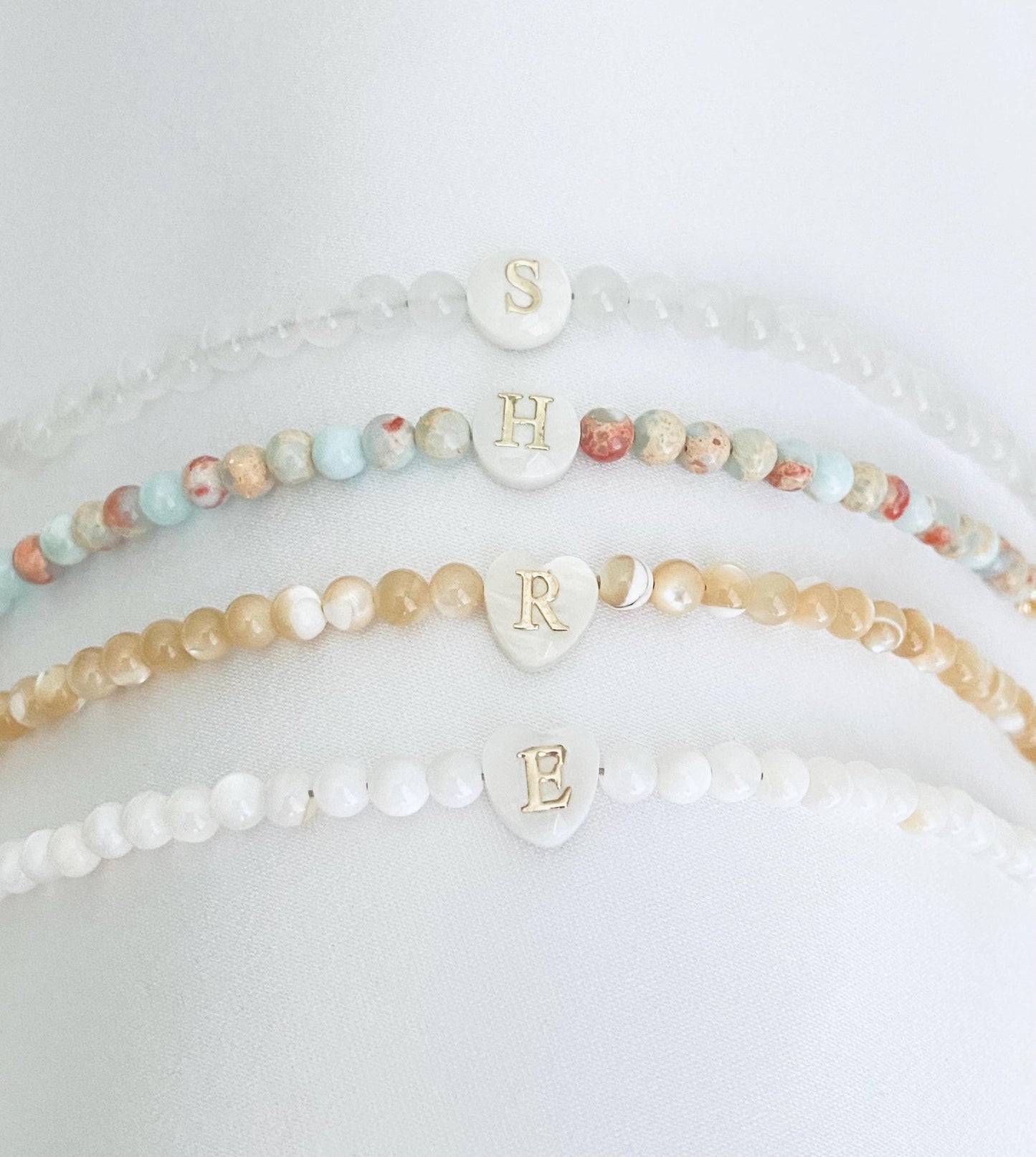 Personalized Shell Initial Bracelet • White Shell, Yellow Shell, Jasper & Ice Jade Beaded Bracelet