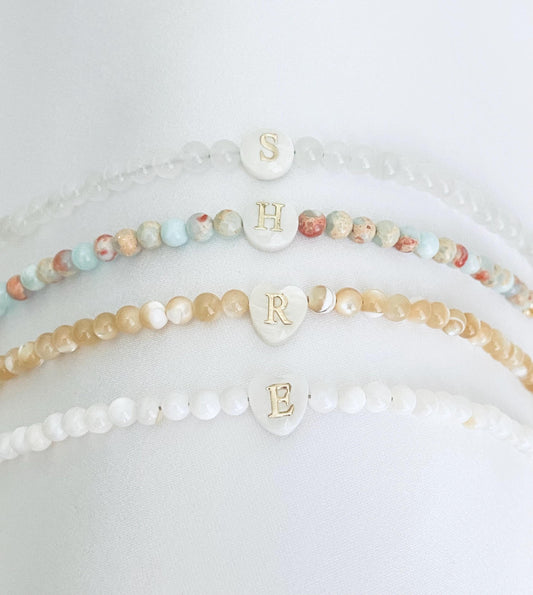 Personalized Shell Initial Bracelet • White Shell, Yellow Shell, Jasper & Ice Jade Beaded Bracelet