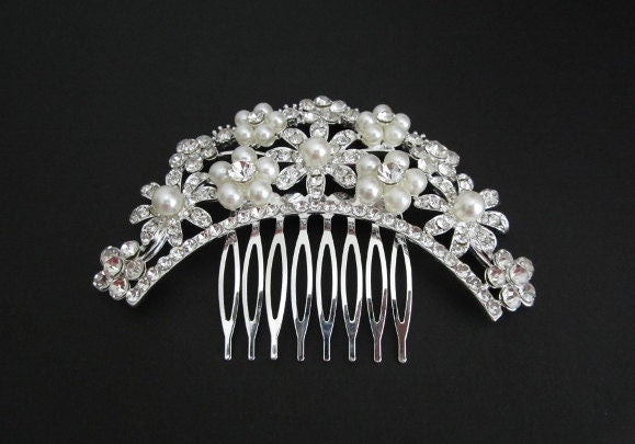 Rhinestone and White Glass Pearl Hair Comb • Elegant Wedding Hair Comb for Bridal Veil