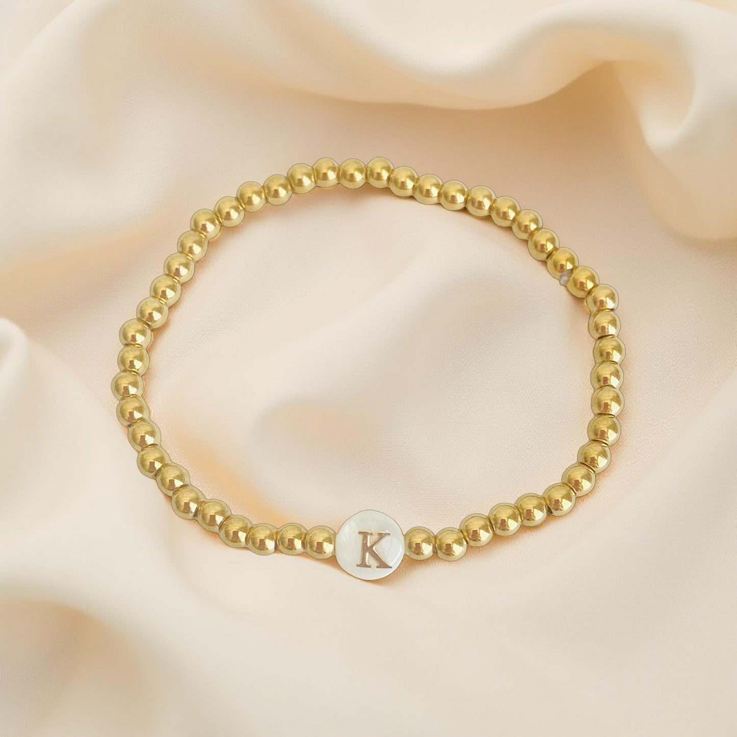 Personalized Dainty Initial Bracelet • Gold Beaded Stretch Bracelet with Shell Initial