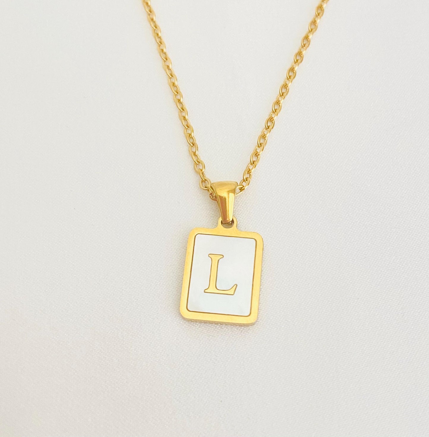 Personalized Gold Rectangular Shell Initial Necklace • Gold Over Stainless Steel Jewelry