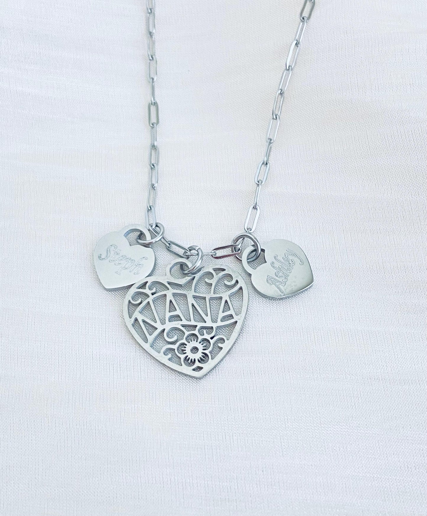 Personalized Nana Necklace with Engraved Heart Charms • Custom Grandma Necklace in Stainless Steel or Gold