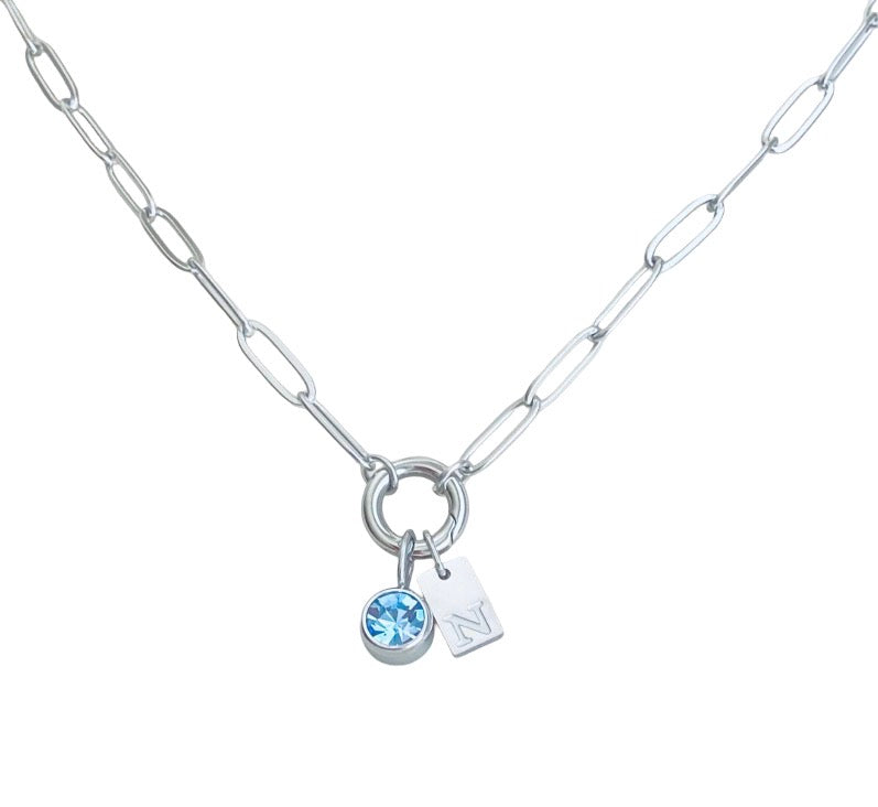 Personalized Paperclip Chain Necklace with Birthstone & Initial • Stainless Steel • Gold over Stainless Steel