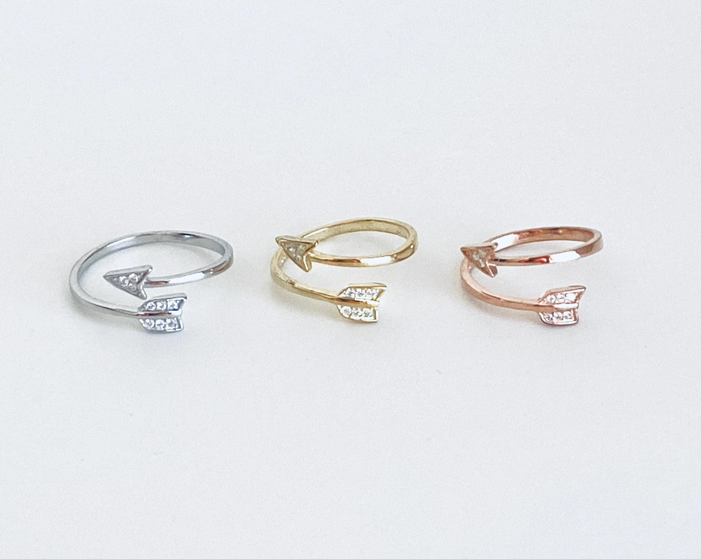 Adjustable Sterling Silver Arrow Ring with Rhinestones • Sterling Silver • Gold • Rose Gold