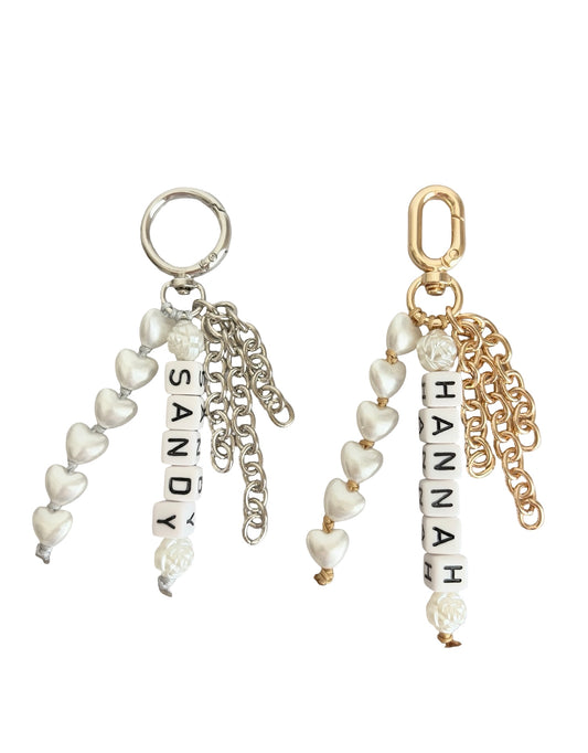 Personalized Bag Charm with Acrylic Heart, Name & Chain Tassels • Silver or Champagne Gold