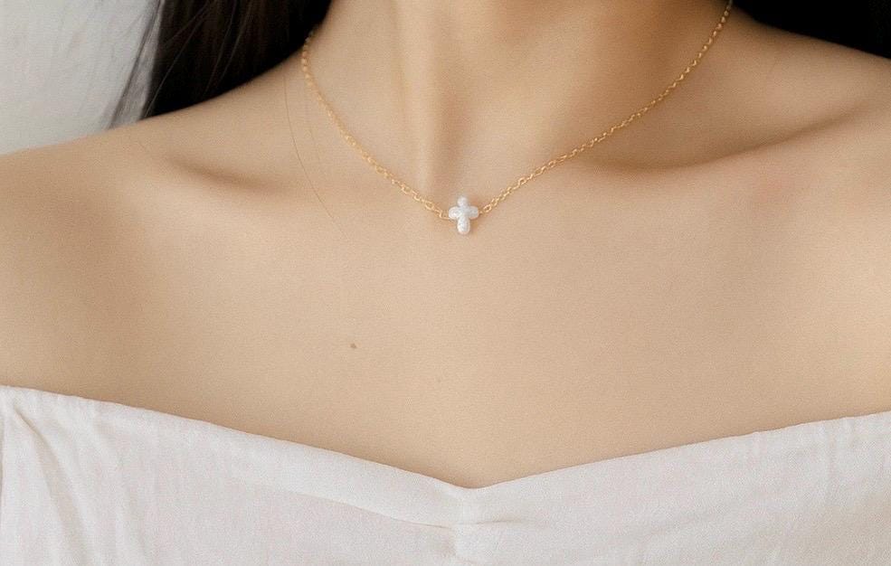White Freshwater Pearl Cross Necklace in Sterling Silver or Gold Filled • Christian Pearl Jewelry Gift