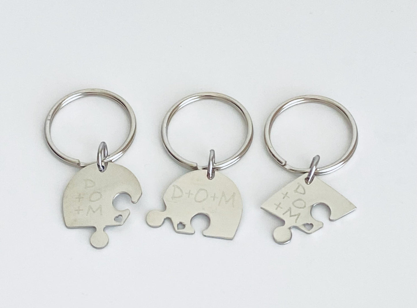 Personalized 3-Piece Heart Puzzle Keychain Set • Custom Engraved Matching Key Chains for Family & Friends