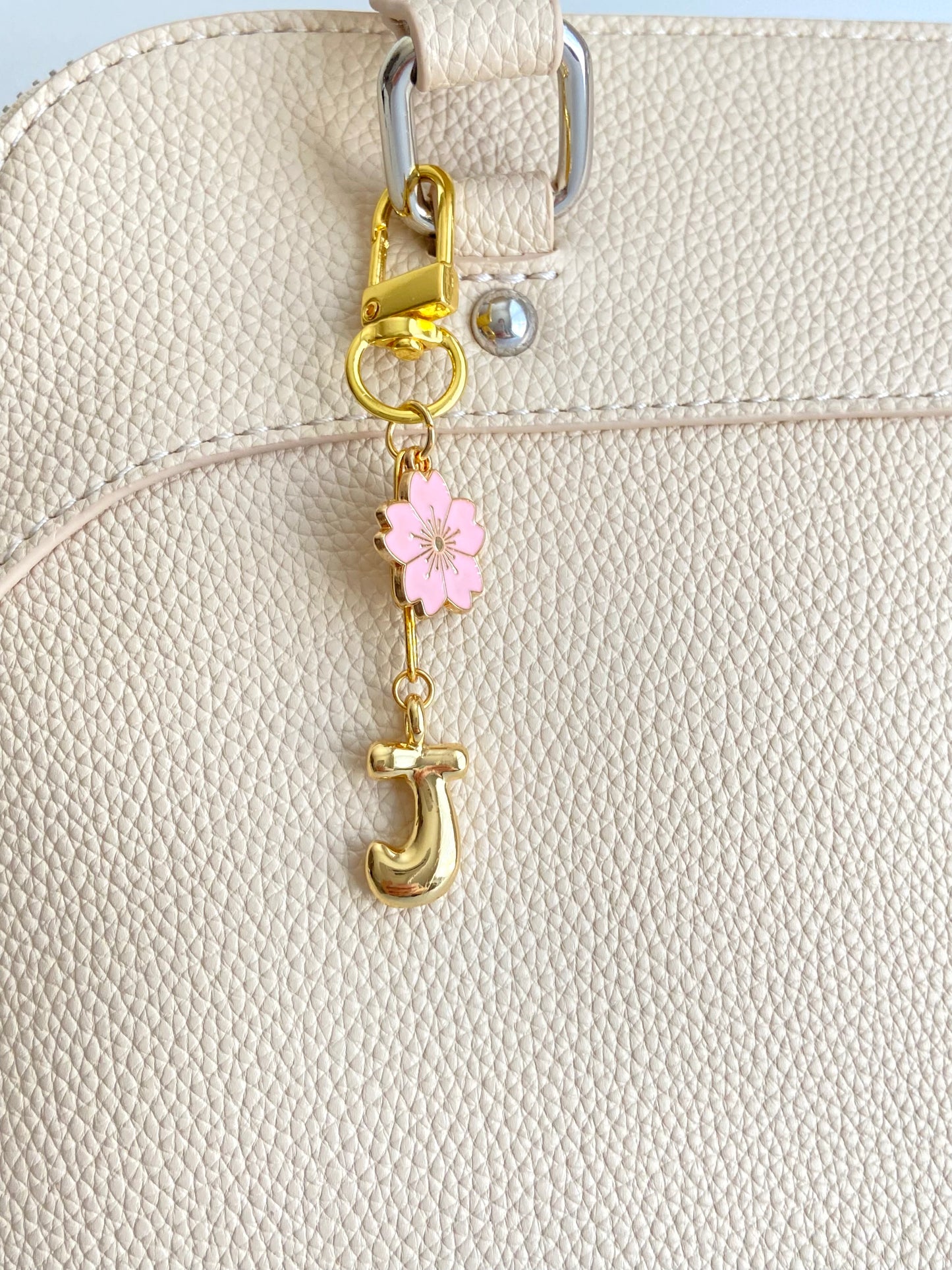 Matching Mother & Daughter Gold Tone Clip-On Bag Charm Set • Large & Small Bubble Initial with Flower Charm Set
