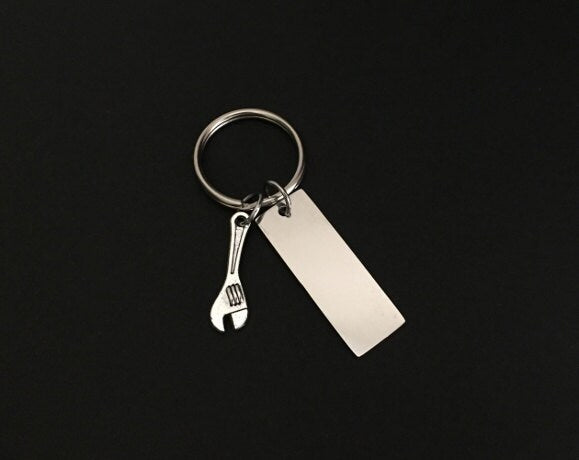 Personalized Key Chain with Wrench Charm • Custom Engraved Stainless Steel Tag Keychain