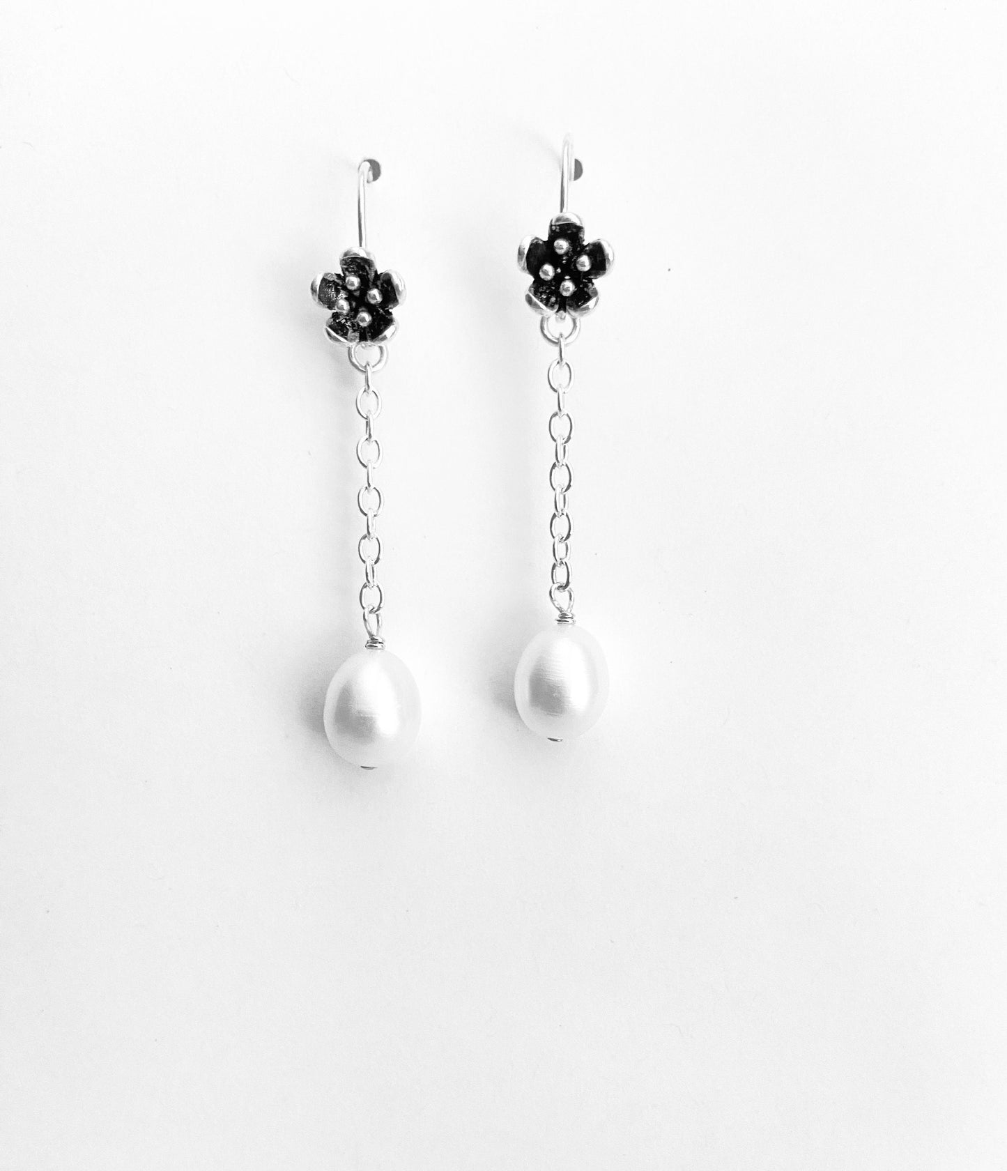 Sterling Silver Dangle Pearl Earrings with Vintage Flower Ear Hook