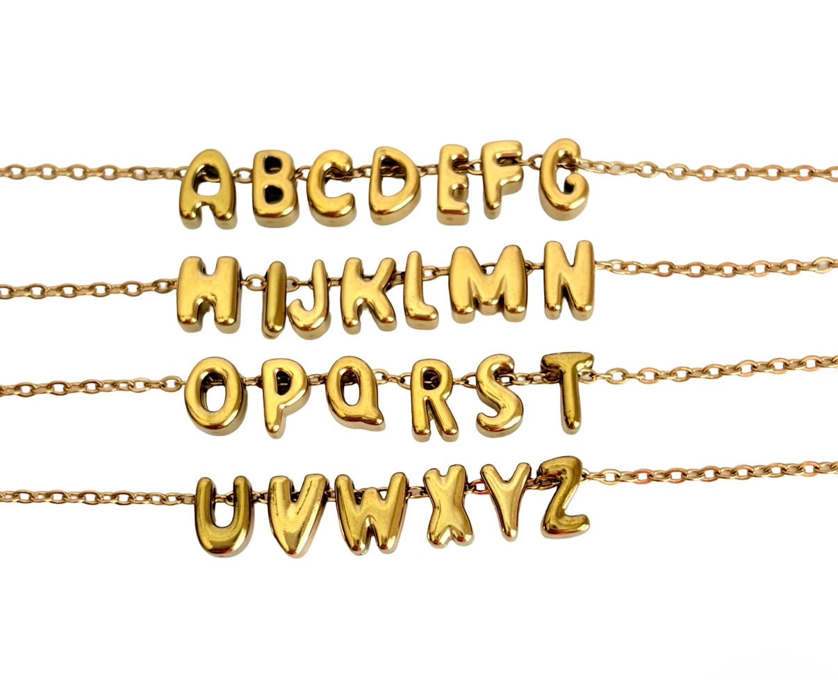 Small Bubble Initial Necklace • Stainless Steel Letter Necklace • Gold Initial Pendant
