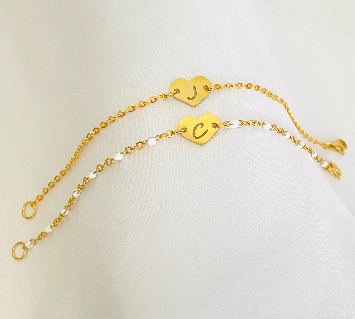 Gold Heart Initial Charm Bracelet • Personalized Letter Bracelet with Flat Cable Chain or White Enamel Beaded Chain