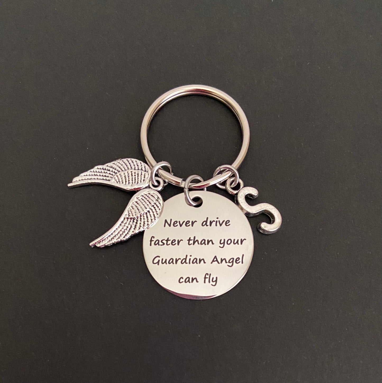 Personalized Drive Safe Keychain • Never Drive Faster Than Your Guardian Angel Can Fly Key Chain with Initial