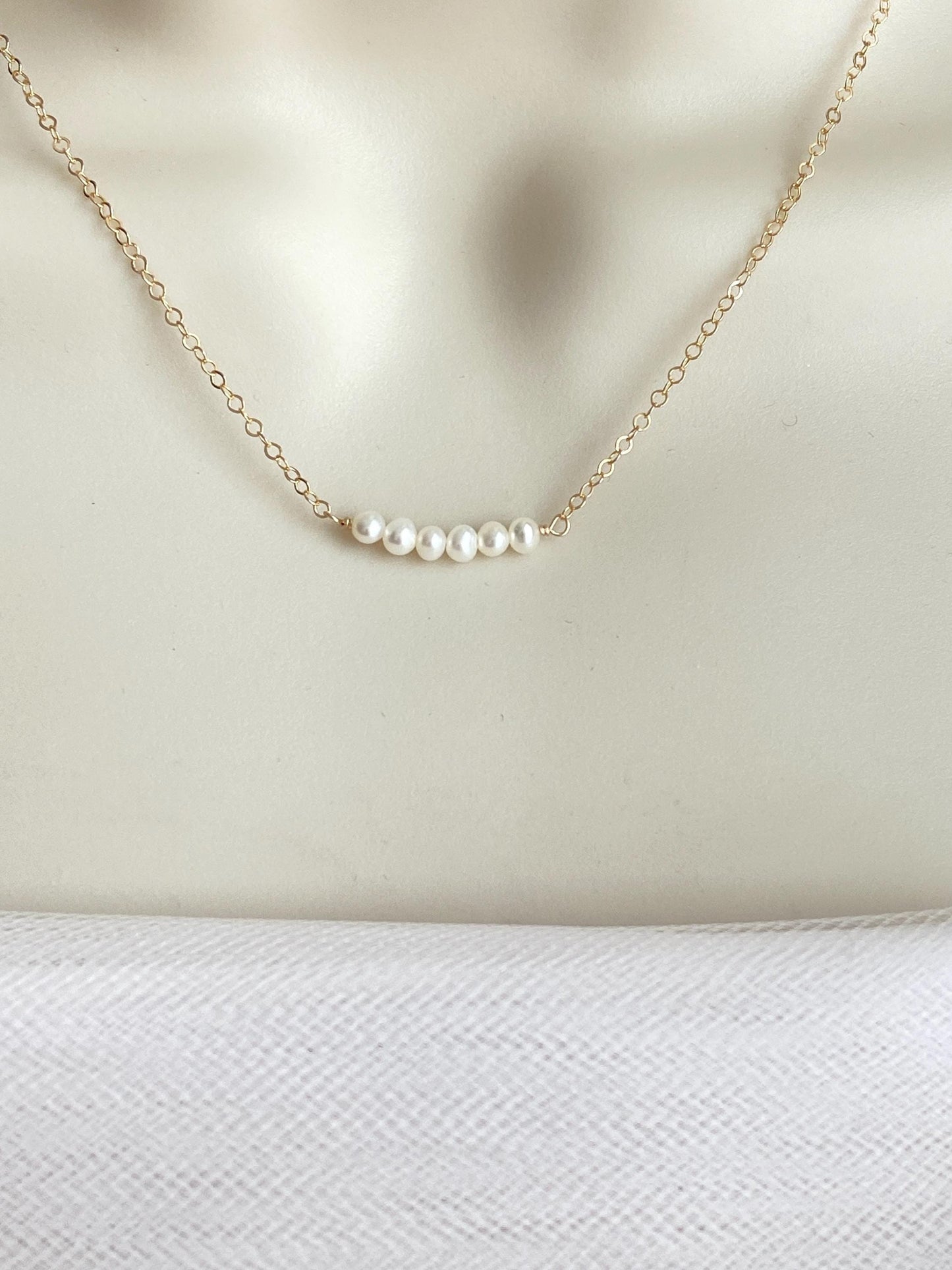 TINY White Pearl Bar Necklace in Sterling Silver. Gold Filled