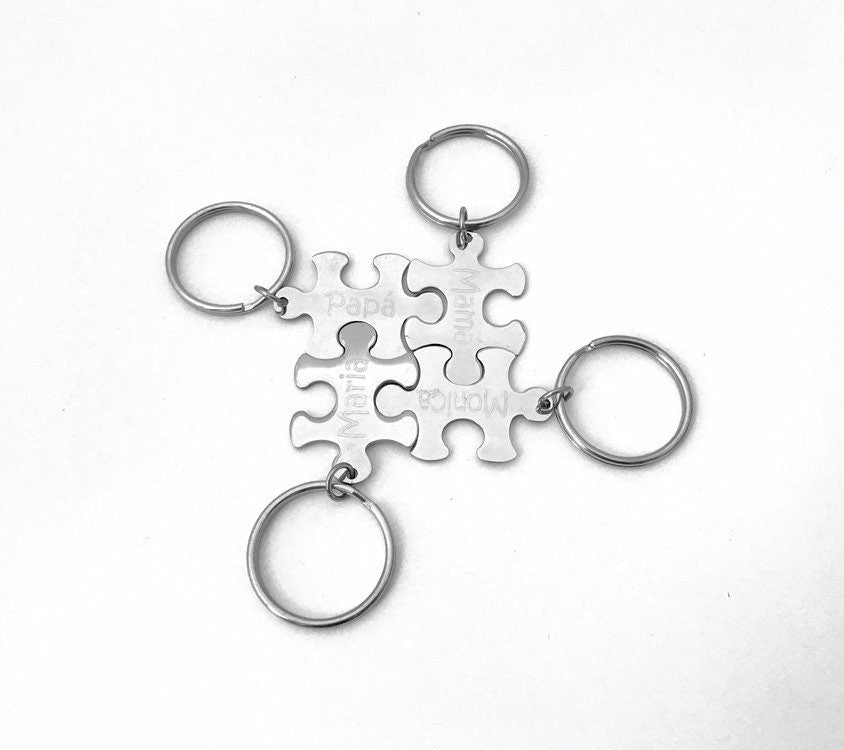 Personalized Stainless Steel Puzzle Key Chain • Custom Engraved Interlocking Puzzle Keepsake