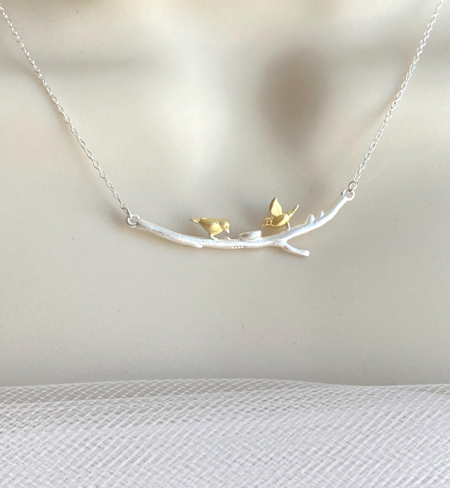 Sterling Silver Necklace with Gold Love Birds on Branch – Two-Tone Romantic Bird Pendant