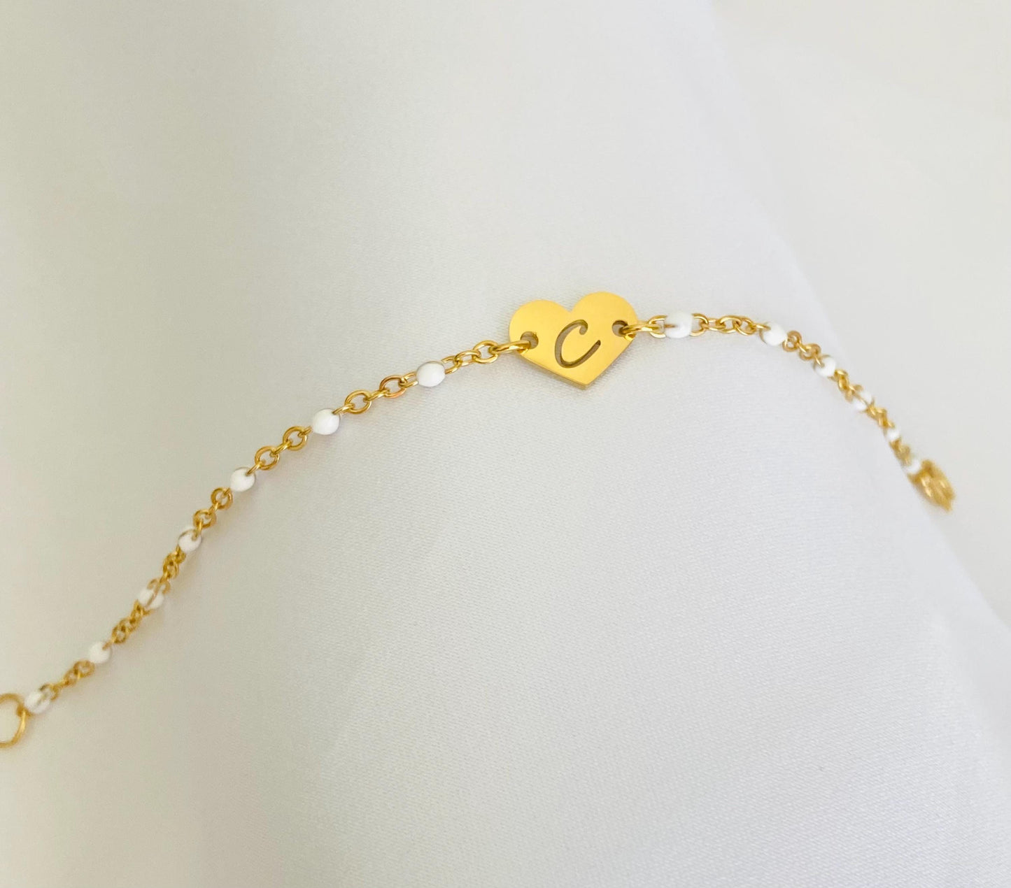 Gold Heart Initial Charm Bracelet • Personalized Letter Bracelet with Flat Cable Chain or White Enamel Beaded Chain